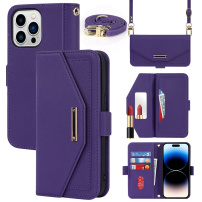 Portfelowe etui z klapką z paskiem do iPhone'a 15 Pro Max - fioletowe