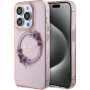 Guess Błyszcząca osłona logo Flowers Ring z MagSafe dla iPhone'a 16 Pro - różowa