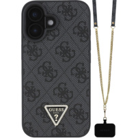 Guess Metalowe etui z logo i paskiem ze Strass Triangle 4G do iPhone'a 16 - szare