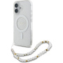 Guess Etui z paskiem IML Glitter Beads z pętelką i MagSafe na iPhone'a 16 - srebrne