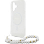 Guess Etui z paskiem IML Glitter Beads z pętelką i MagSafe na iPhone'a 16 - srebrne