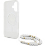 Guess Etui z paskiem IML Glitter Beads z pętelką i MagSafe na iPhone'a 16 - srebrne