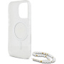 Guess Etui z paskiem IML Glitter Beads z pętelką i MagSafe do iPhone'a 16 Pro - srebrne