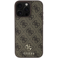 Guess Małe metalowe etui z logo 4G z MagSafe dla iPhone'a 16 Pro - brązowe