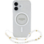 Guess Etui z paskiem IML Glitter Beads z pętelką i MagSafe na iPhone'a 16 - srebrne
