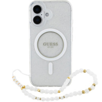 Guess Etui z paskiem IML Glitter Beads z pętelką i MagSafe na iPhone'a 16 - srebrne