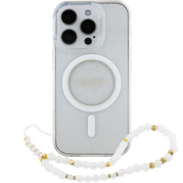 Guess Etui z paskiem IML Glitter Beads z pętelką i MagSafe do iPhone'a 16 Pro Max - srebrne