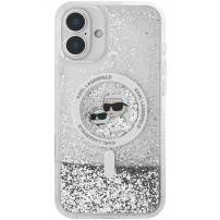 Karl Lagerfeld Osłona główki Karla i Choupette z płynnym brokatem z MagSafe dla iPhone'a 16 - srebrna