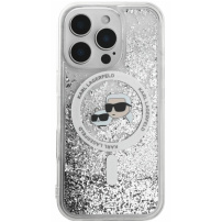 Karl Lagerfeld Osłona główki Karla i Choupette z płynnym brokatem i MagSafe do iPhone'a 16 Pro - srebrna