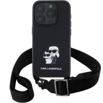 Karl Lagerfeld Metalowe etui Saffiano Crossbody Karl i Choupette z regulowanym paskiem do iPhone'a 16 Pro Max - czarne