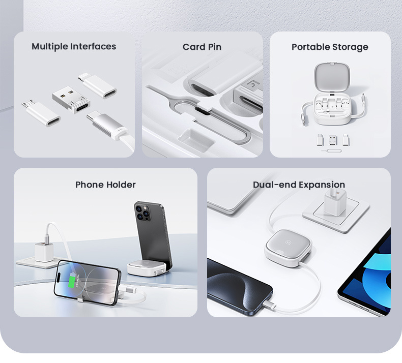 USAMS Zestaw US-SJ650 z chowanymi kablami USB-C, adapterami i igłą - czarny