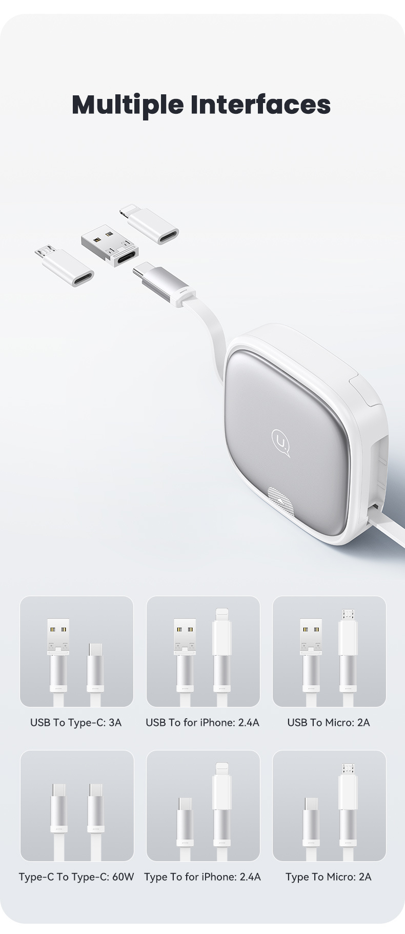 USAMS Zestaw US-SJ650 z chowanymi kablami USB-C, adapterami i igłą - czarny