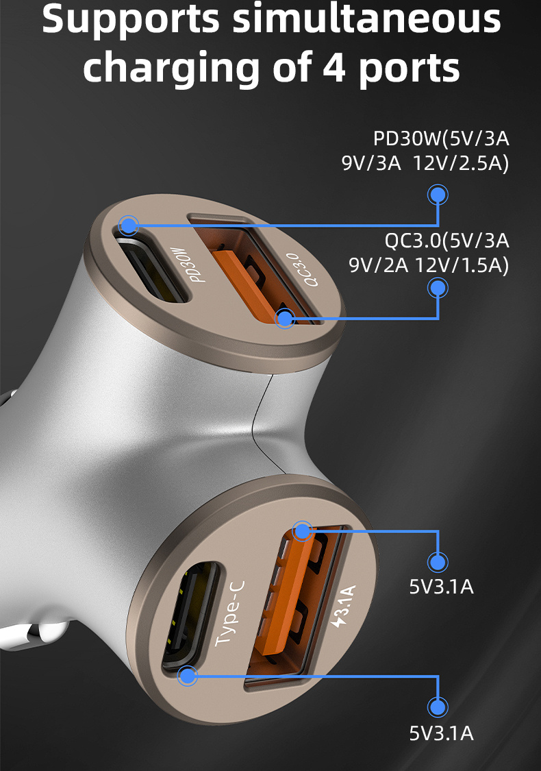 Ładowarka samochodowa A2 w kształcie litery Y z portami 2x USB-C / 2x USB-A - 78W - srebrna