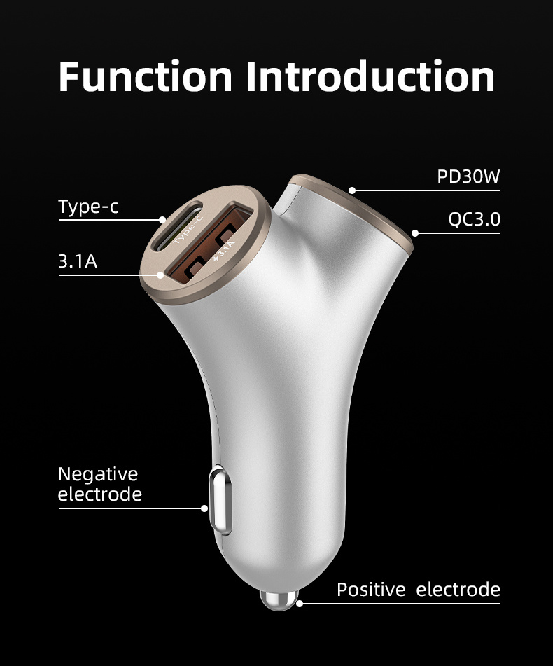 Ładowarka samochodowa A2 w kształcie litery Y z portami 2x USB-C / 2x USB-A - 78W - srebrna