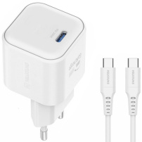 Swissten GaN zestaw adaptera z portem USB-C i kabla USB-C na USB-C - 20W - 1,2 m - biały