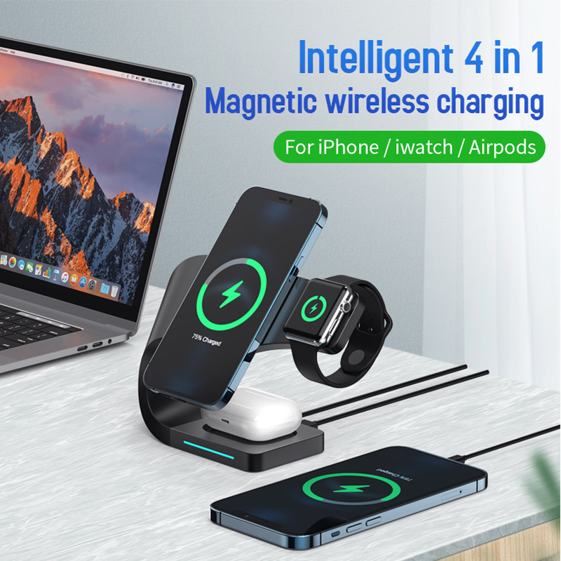 Appleking 4w1 magnetyczny stojak bezprzewodowy do iPhone / Apple Watch / AirPods - 15W - czarny