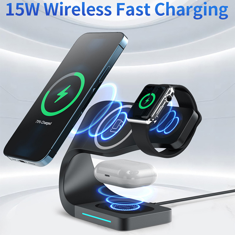 Appleking 4w1 magnetyczny stojak bezprzewodowy do iPhone / Apple Watch / AirPods - 15W - czarny