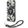 Etui Guess IML Palm Trees Triangle Logo Pearl Strap ze smyczą i MagSafe do iPhone 16 Pro – czarne