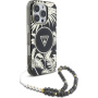 Etui Guess IML Palm Trees Triangle Logo Pearl Strap ze smyczą i MagSafe do iPhone 16 Pro – czarne