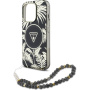 Etui Guess IML Palm Trees Triangle Logo Pearl Strap ze smyczą i MagSafe do iPhone 16 Pro – czarne