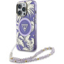 Etui Guess IML Palm Trees Triangle Logo Pearl Strap ze smyczą i MagSafe do iPhone 16 Pro – fioletowe