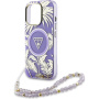 Etui Guess IML Palm Trees Triangle Logo Pearl Strap ze smyczą i MagSafe do iPhone 16 Pro – fioletowe