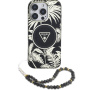 Etui Guess IML Palm Trees Triangle Logo Pearl Strap ze smyczą i MagSafe do iPhone 16 Pro – czarne