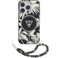 Etui Guess IML Palm Trees Triangle Logo Pearl Strap ze smyczą i MagSafe do iPhone 16 Pro – czarne
