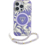 Etui Guess IML Palm Trees Triangle Logo Pearl Strap ze smyczą i MagSafe do iPhone 16 Pro – fioletowe