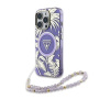 Etui Guess IML Palm Trees Triangle Logo Pearl Strap ze smyczą i MagSafe do iPhone 16 Pro – fioletowe