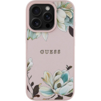 Etui Guess Grained Magnolia z motywem kwiatowym i MagSafe do iPhone 16 Pro - różowy