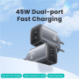USAMS CC305 GaN Szybka Ładowarka Adapter z 2x USB-C - 45W - ciemnoszary