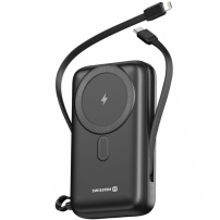 Swissten bezprzewodowy powerbank MagSafe z wbudowanymi kablami USB-C i Lightning oraz portem USB-A - 20 000 mAh - czarny