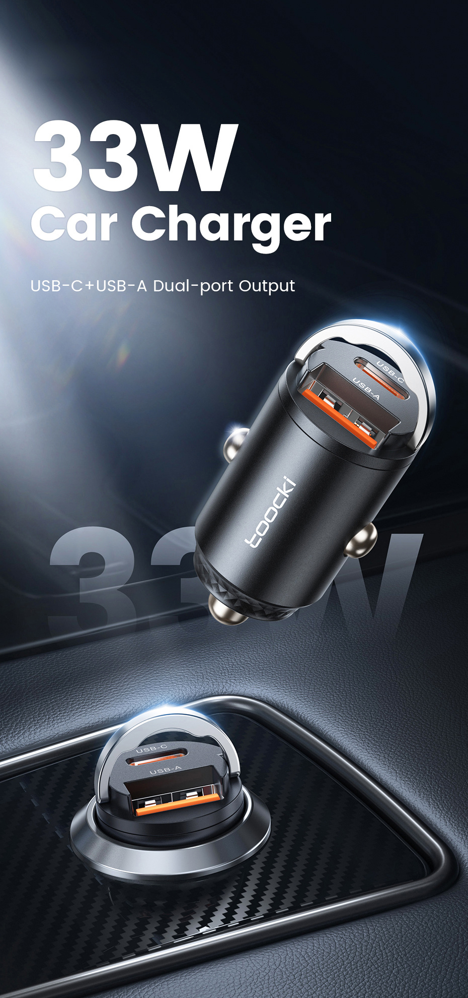 Toocki TQ-CC34A mini ładowarka samochodowa z portami USB-C / USB-A - 30W - czarna