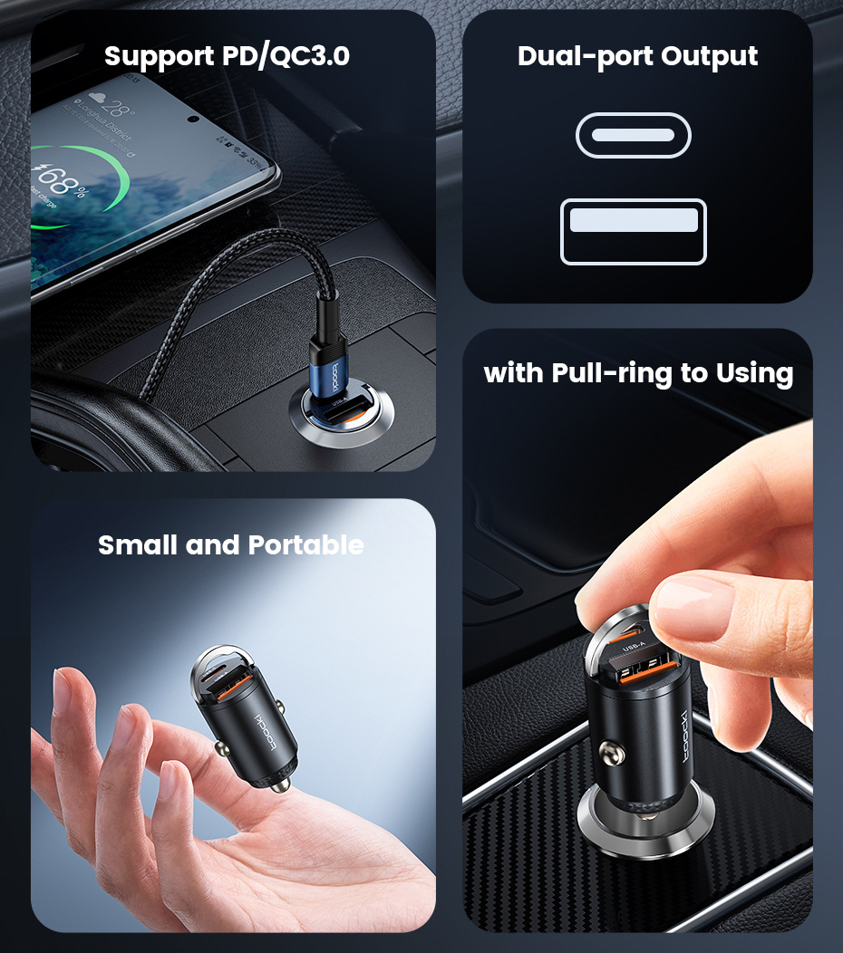 Toocki TQ-CC34A mini ładowarka samochodowa z portami USB-C / USB-A - 30W - czarna Toocki TQ-CC34A mini ładowarka samochodowa z portami USB-C / USB-A - 30W - czarna