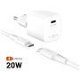 FIXED Mini GaN zestaw adaptera z portem USB-C i kabla USB-C na USB-C - 20W - 1,2 m - biały