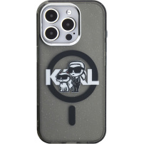 Karl Lagerfeld IML Glitter Karl and Choupette Sketch brokatowe etui z MagSafe do iPhone 15 Pro Max - szary