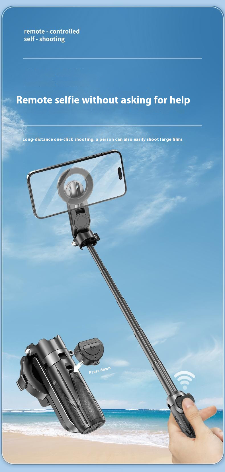 Mini kijek do selfie P15-C ze statywem, lampą i uchwytem MagSafe do iPhone'a - czarny