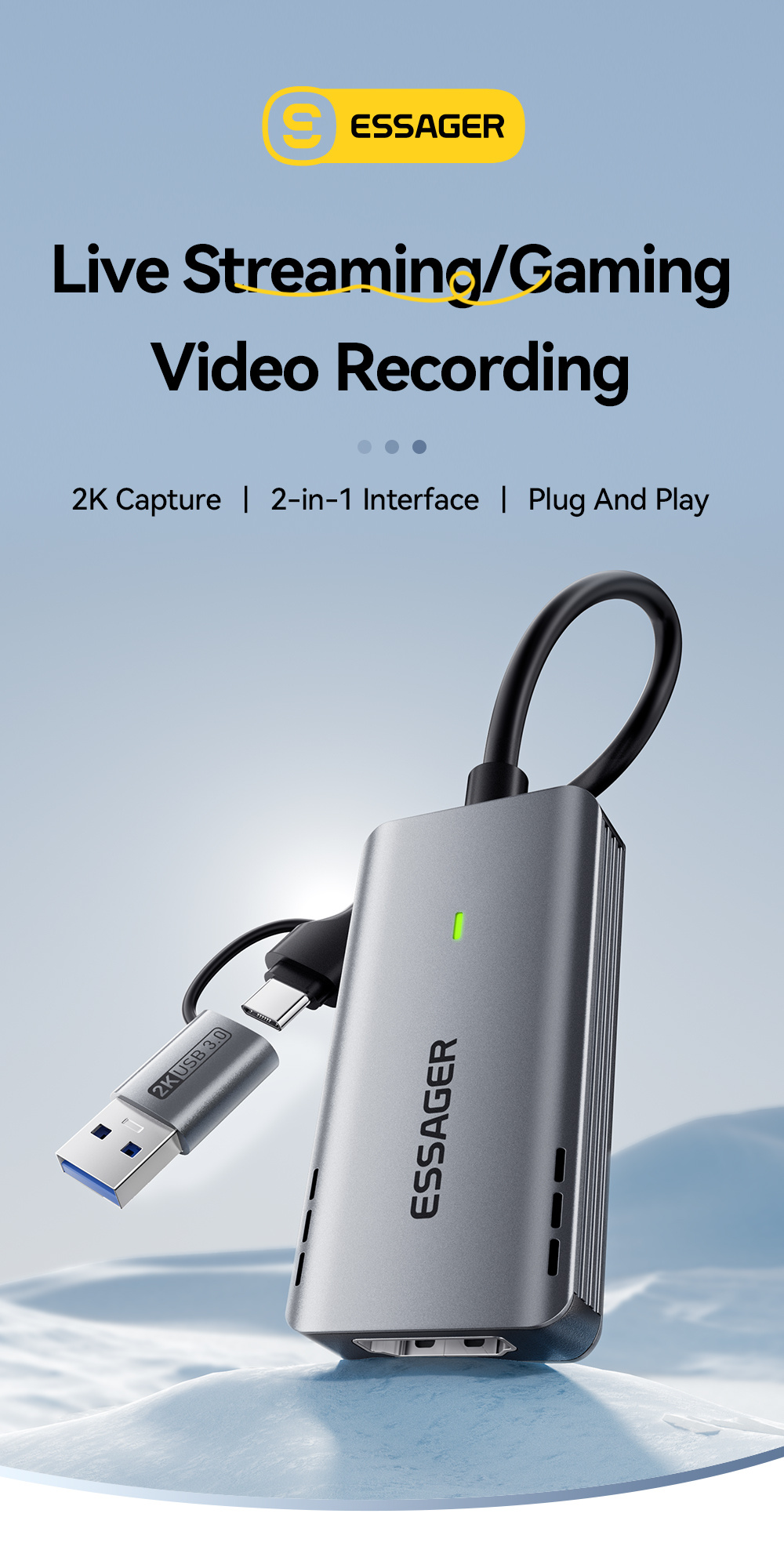 ESSAGER ES-CJK01 adapter wideo 2w1 - HDMI na USB-C / USB-A - ciemnoszary