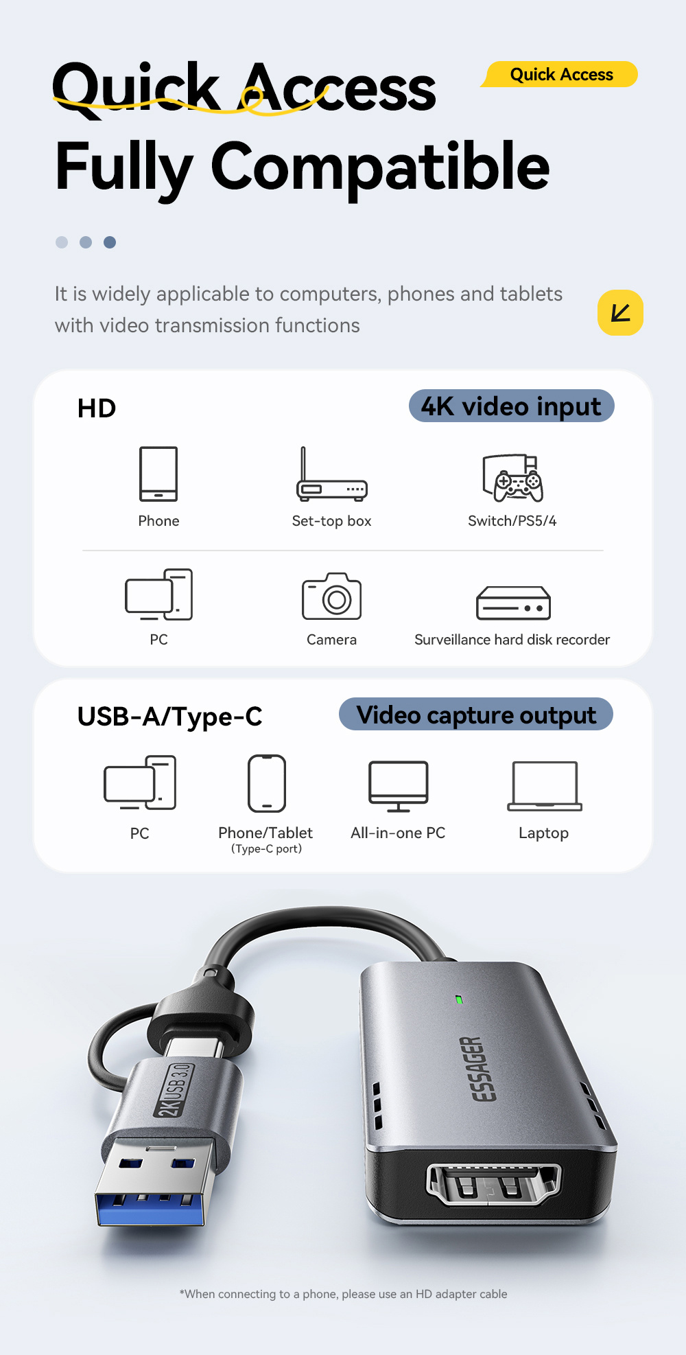 ESSAGER ES-CJK01 adapter wideo 2w1 - HDMI na USB-C / USB-A - ciemnoszary