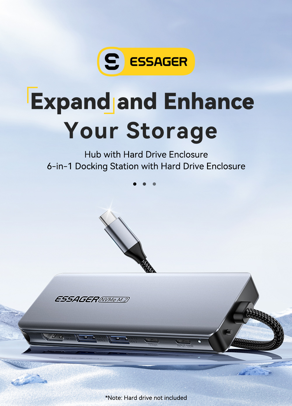ESSAGER ES-HB01 7w1 hub - dysk SSD / slot na kartę SD / TF / 2x USB-C / 2x USB-A na USB-C - ciemnoszary