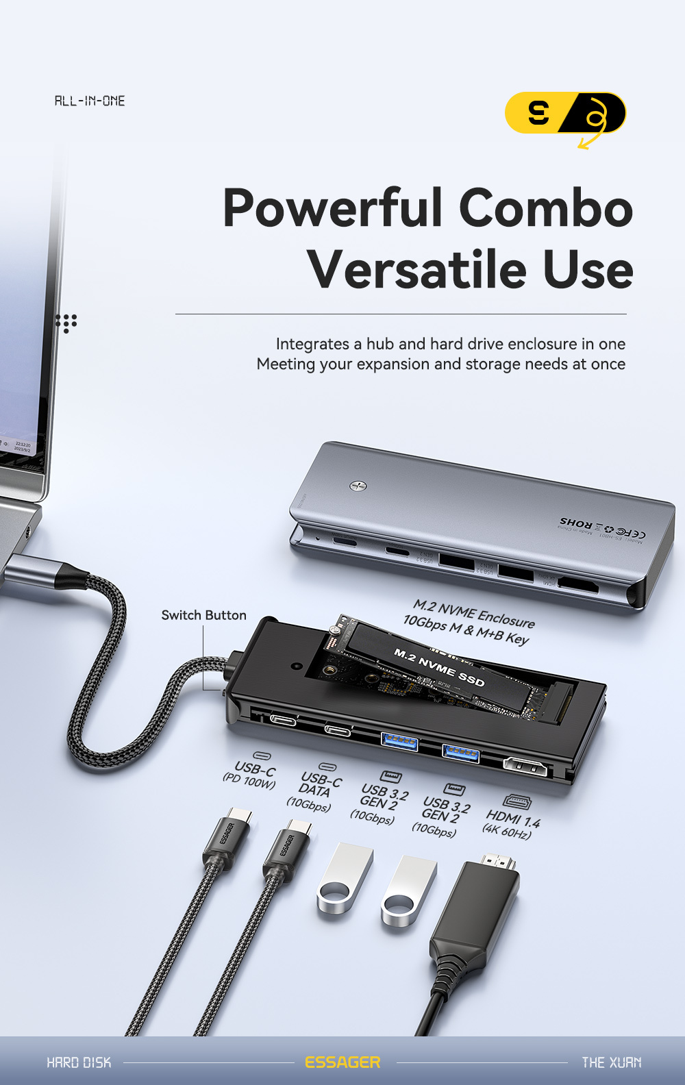 ESSAGER ES-HB01 7w1 hub - dysk SSD / slot na kartę SD / TF / 2x USB-C / 2x USB-A na USB-C - ciemnoszary