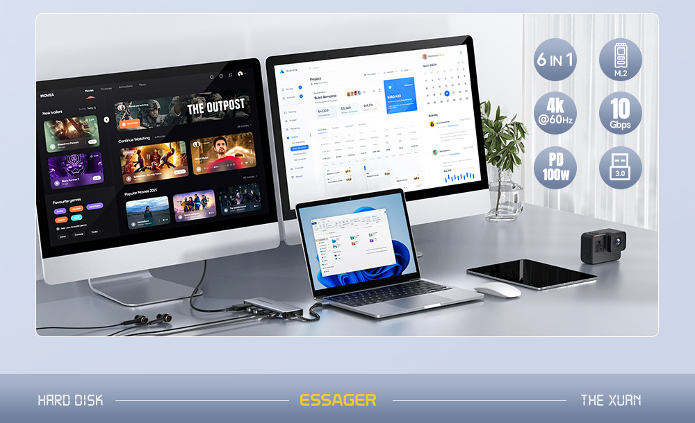 ESSAGER ES-HB01 7w1 hub - dysk SSD / slot na kartę SD / TF / 2x USB-C / 2x USB-A na USB-C - ciemnoszary