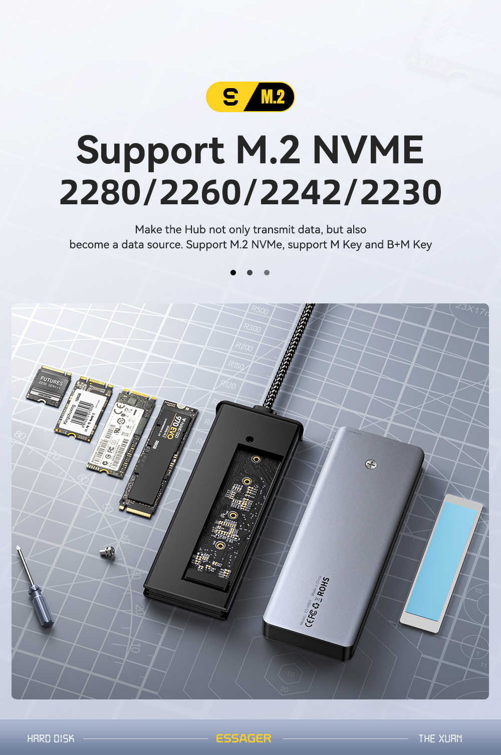 ESSAGER ES-HB01 7w1 hub - dysk SSD / slot na kartę SD / TF / 2x USB-C / 2x USB-A na USB-C - ciemnoszary