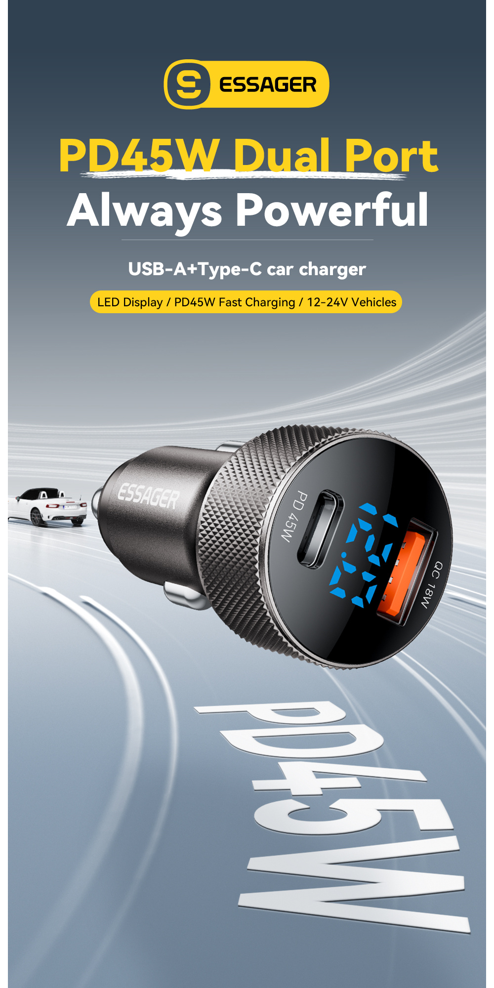 ESSAGER ES-CC21 ładowarka samochodowa z portami USB-C / USB-A - 45W - czarna