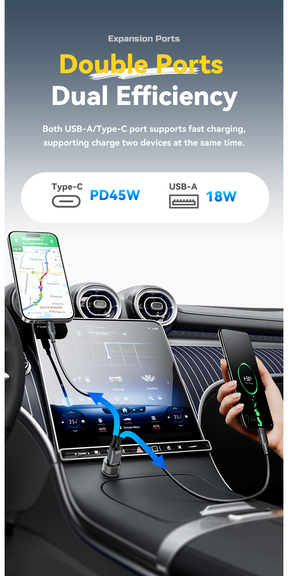 ESSAGER ES-CC21 ładowarka samochodowa z portami USB-C / USB-A - 45W - czarna