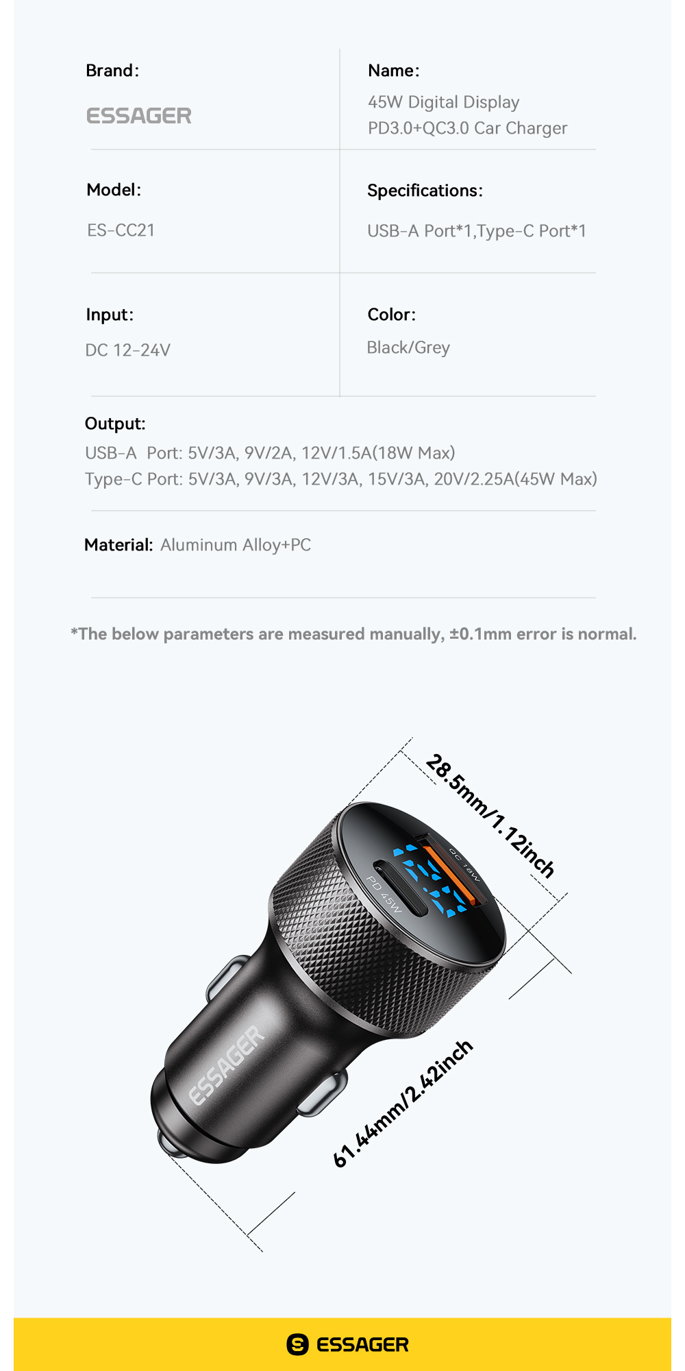 ESSAGER ES-CC21 ładowarka samochodowa z portami USB-C / USB-A - 45W - czarna