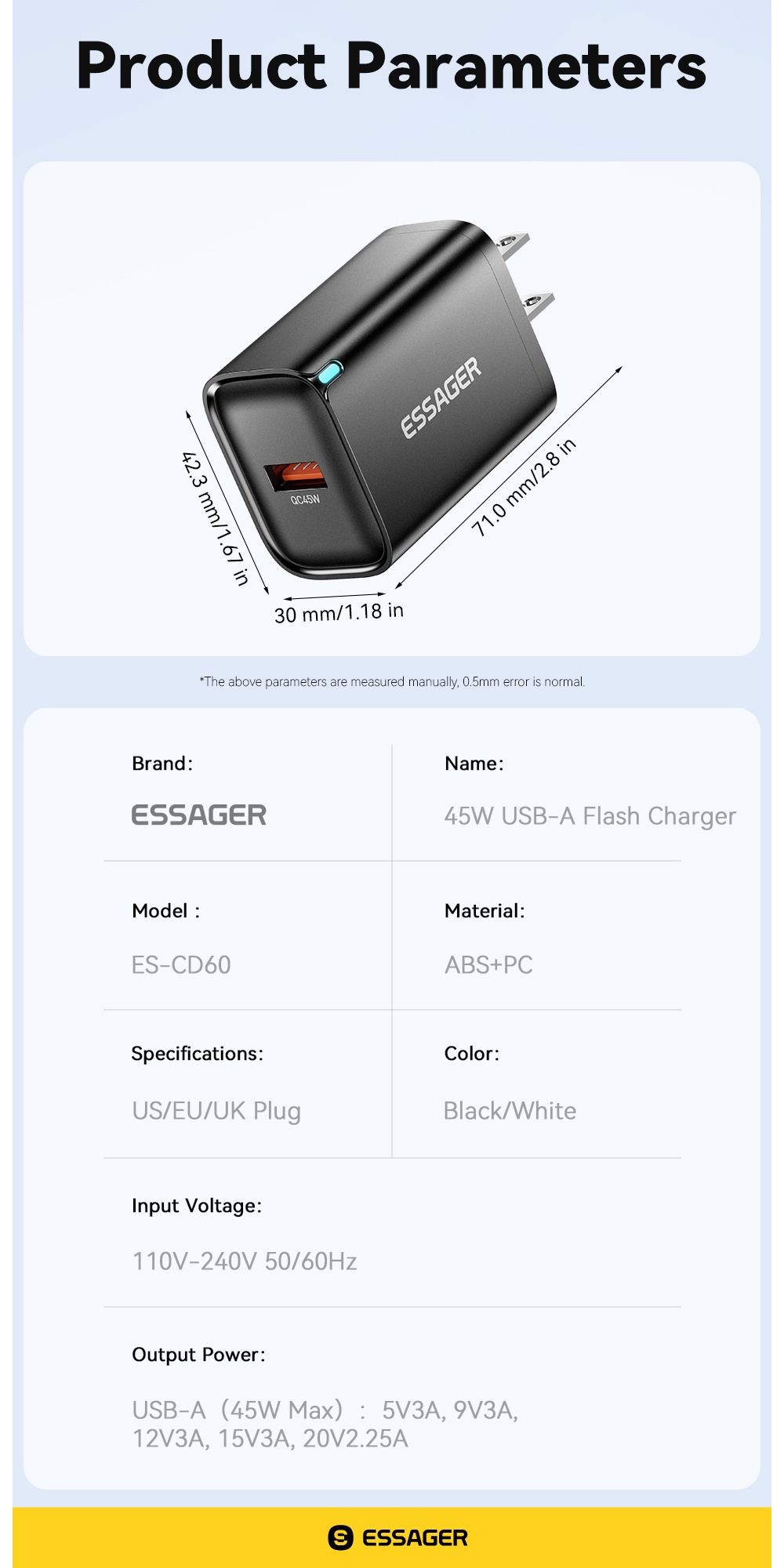 ESSAGER ES-CD60 szybka ładowarka z portem USB-A - 45W - biały ESSAGER ES-CD60 szybka ładowarka z portem USB-A - 45W - biały