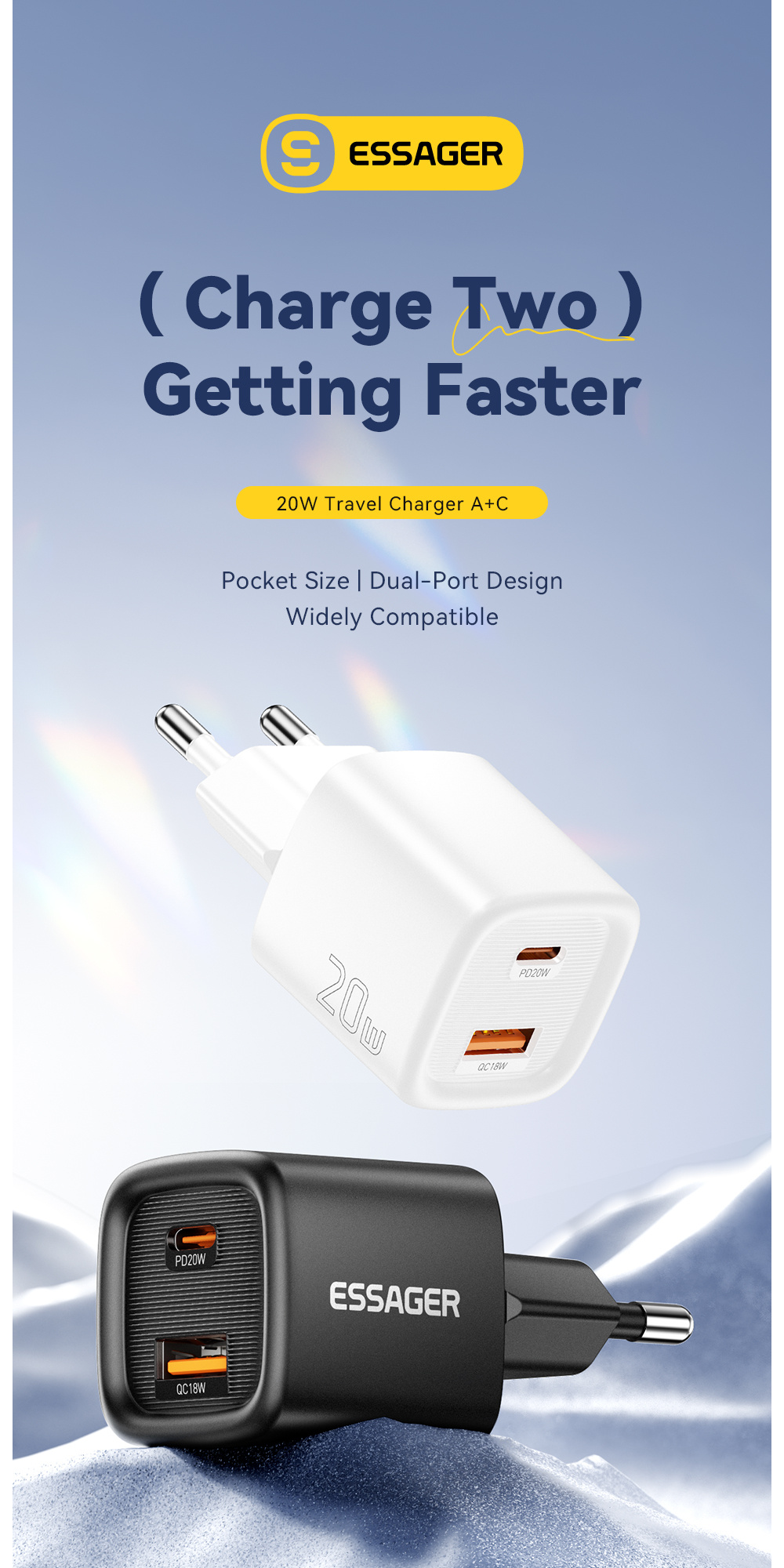 ESSAGER ES-CD54 mini adapter do szybkiego ładowania z portami USB-C / USB-A - 20W - biały