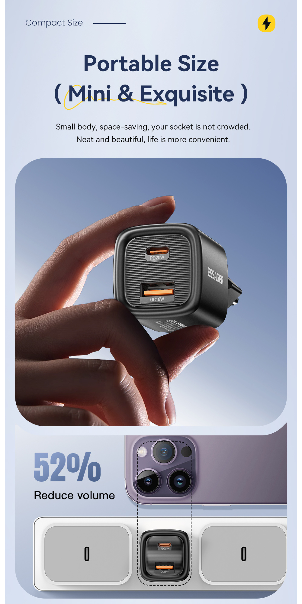 ESSAGER ES-CD54 mini adapter do szybkiego ładowania z portami USB-C / USB-A - 20W - biały
